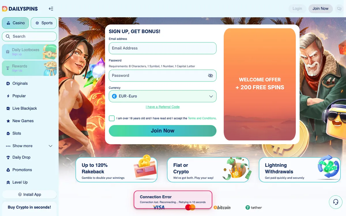 Dailyspins Casino — Sign-up, captured from Australia