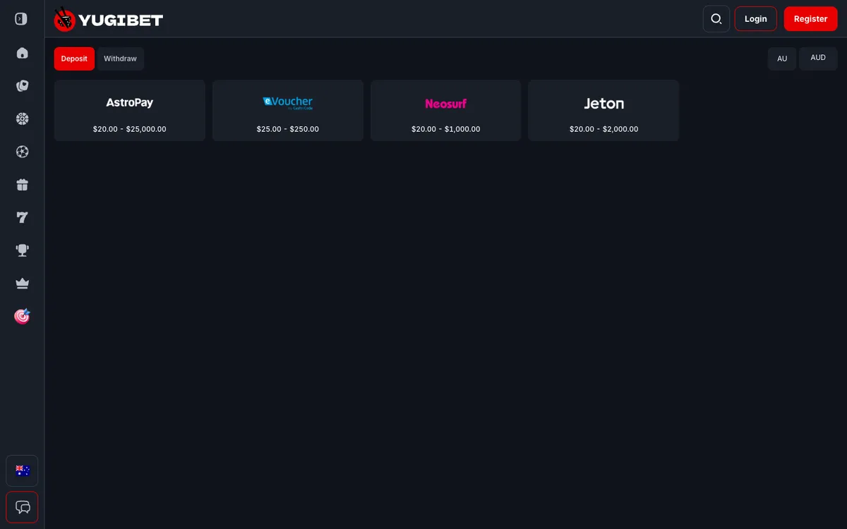 Yugibet Casino — «Платежи», снято из страны Австралия