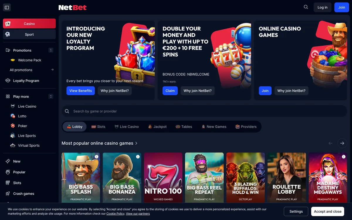 NetBet Casino — Home page, captured from Canada