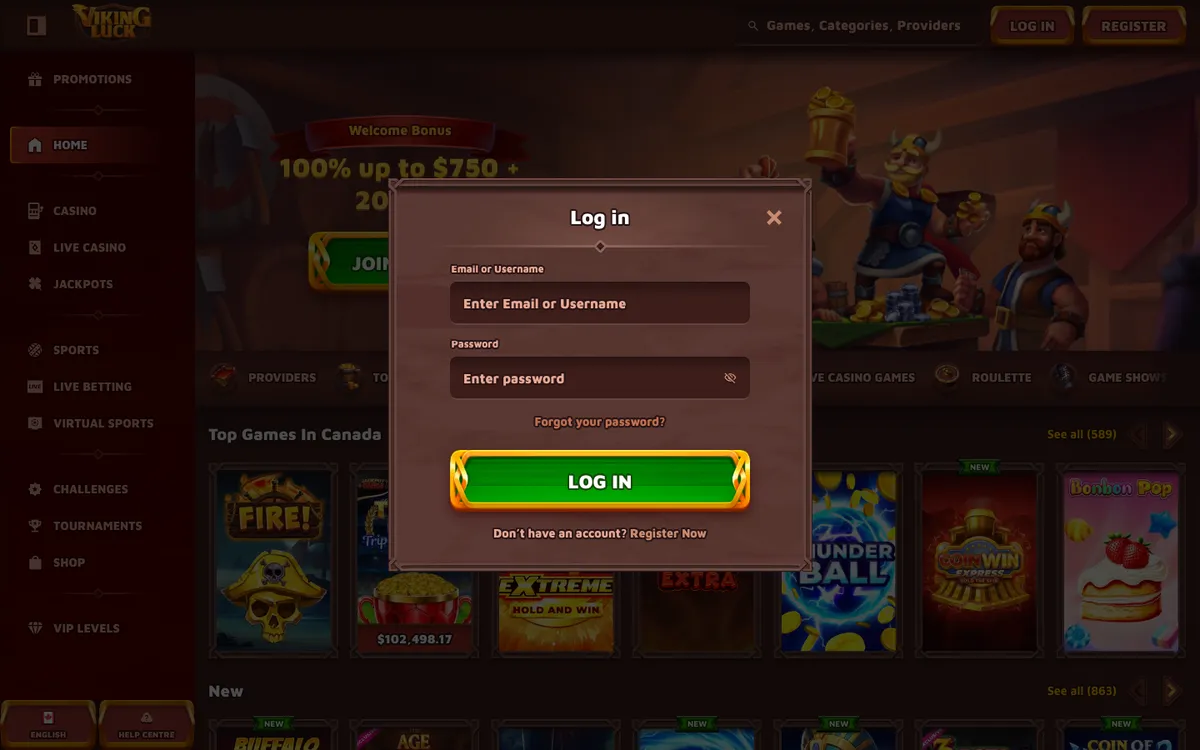 VikingLuck Casino — «Регистрация», снято из страны Канада