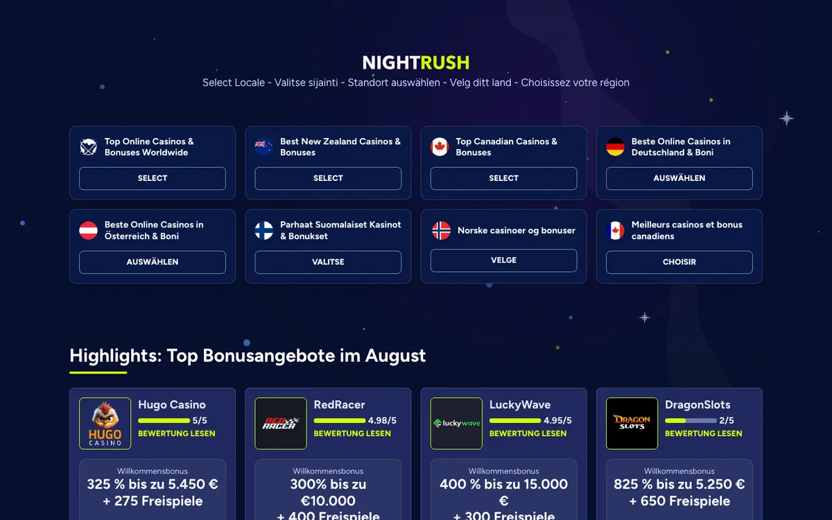 NightRush Casino — Home page, captured from Germany