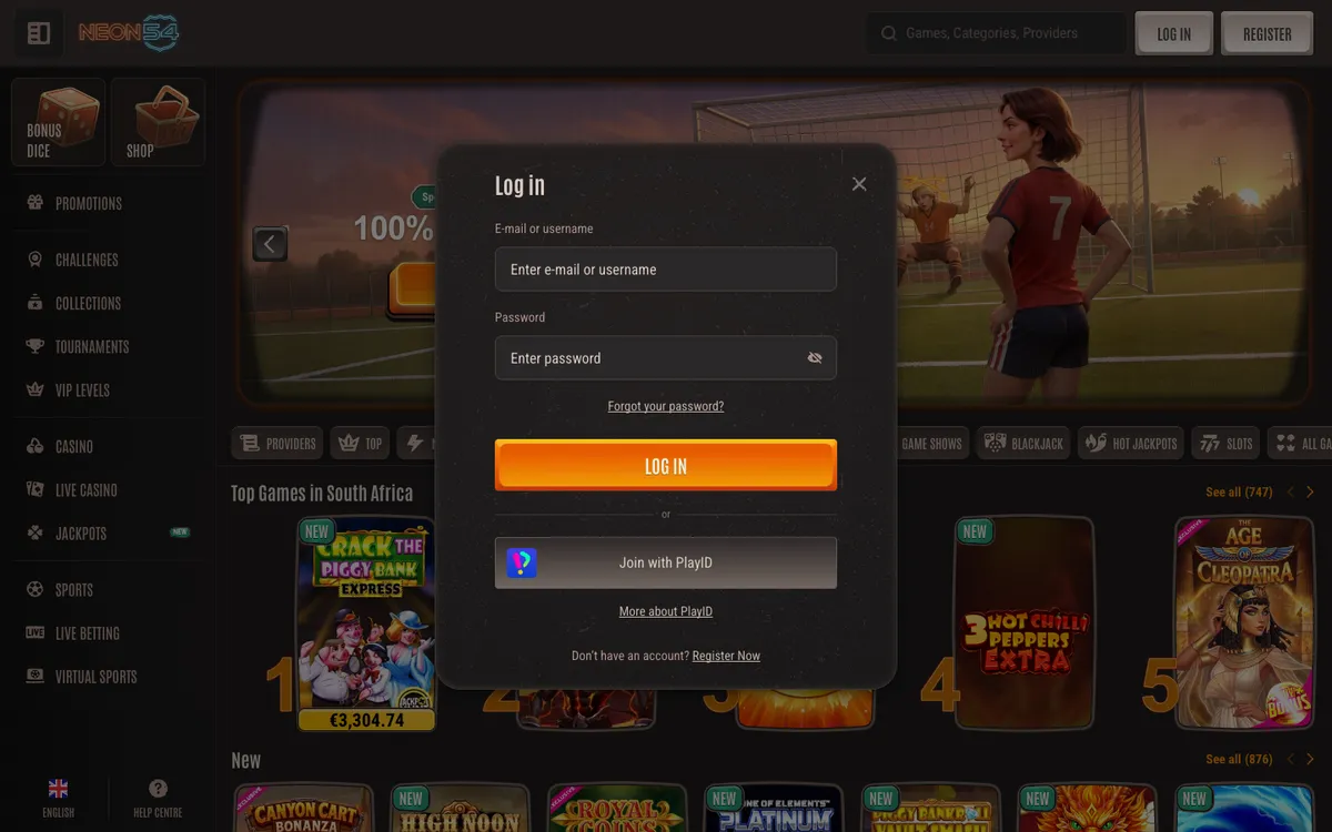 Neon54 Casino — Sign-up, captured from South Africa