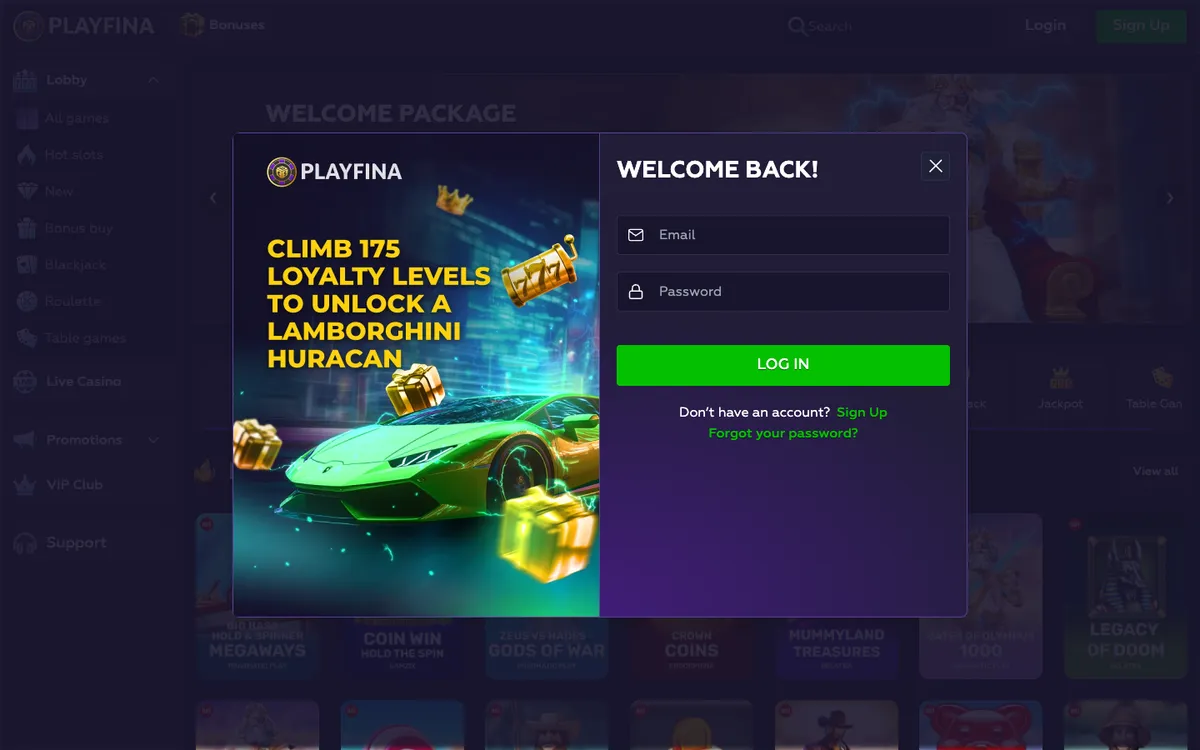 Playfina Casino — Sign-up, captured from Canada