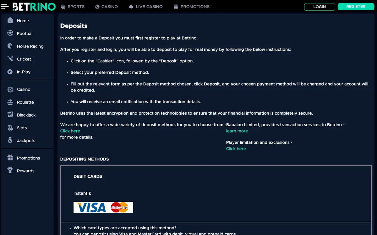 Betrino Casino — Payments, captured from Belgium
