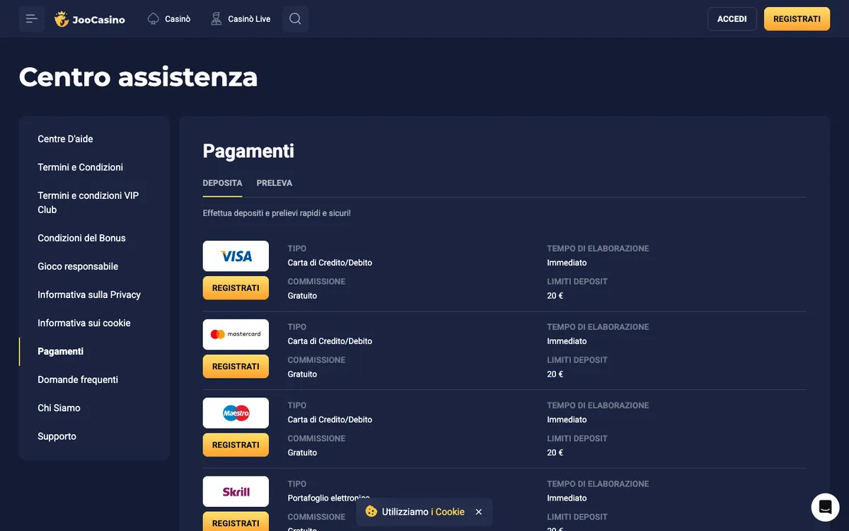 Joo Casino — «Платежи», снято из страны Италия