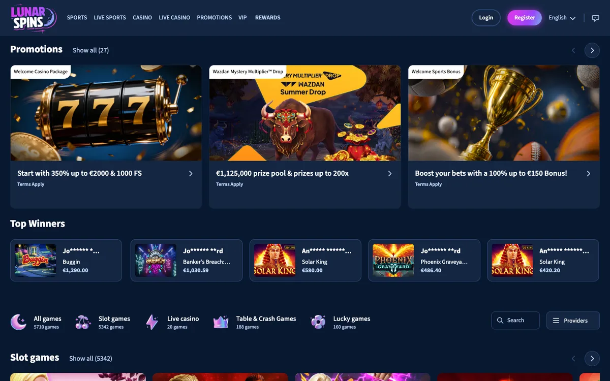 Lunarspins Casino — Home page, captured from Belgium