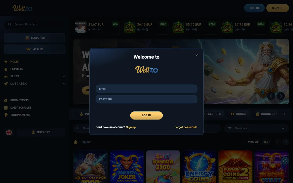 Wettzo Casino — Sign-up, captured from Canada
