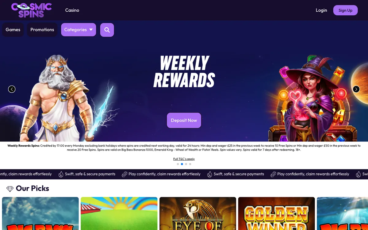 Cosmic Spins Casino — Home page, captured from United Kingdom