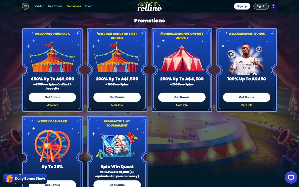 Rollino Casino — Promotions, captured from Australia