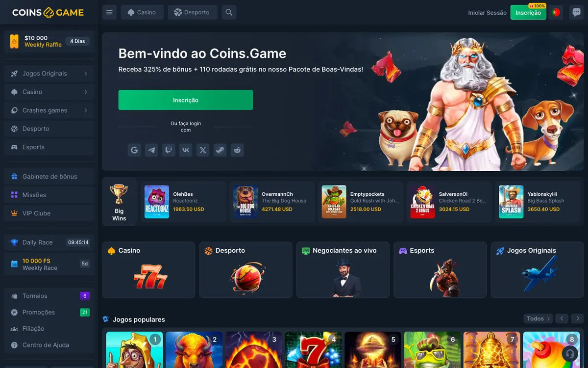 Coins Game Casino — Home page, captured from Portugal