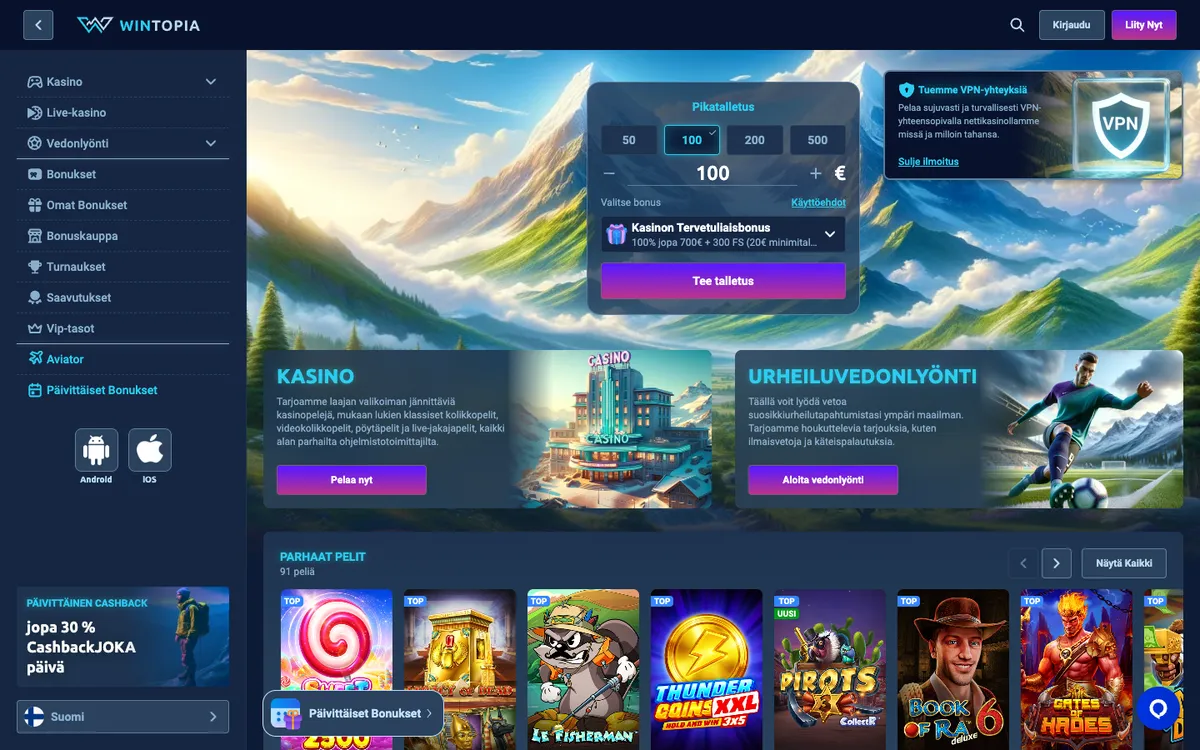 Wintopia Casino — «Главная», снято из страны Финляндия