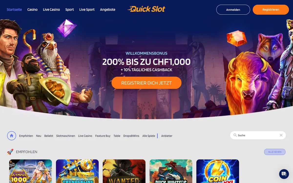 QuickSlot Casino — Home page, captured from Switzerland