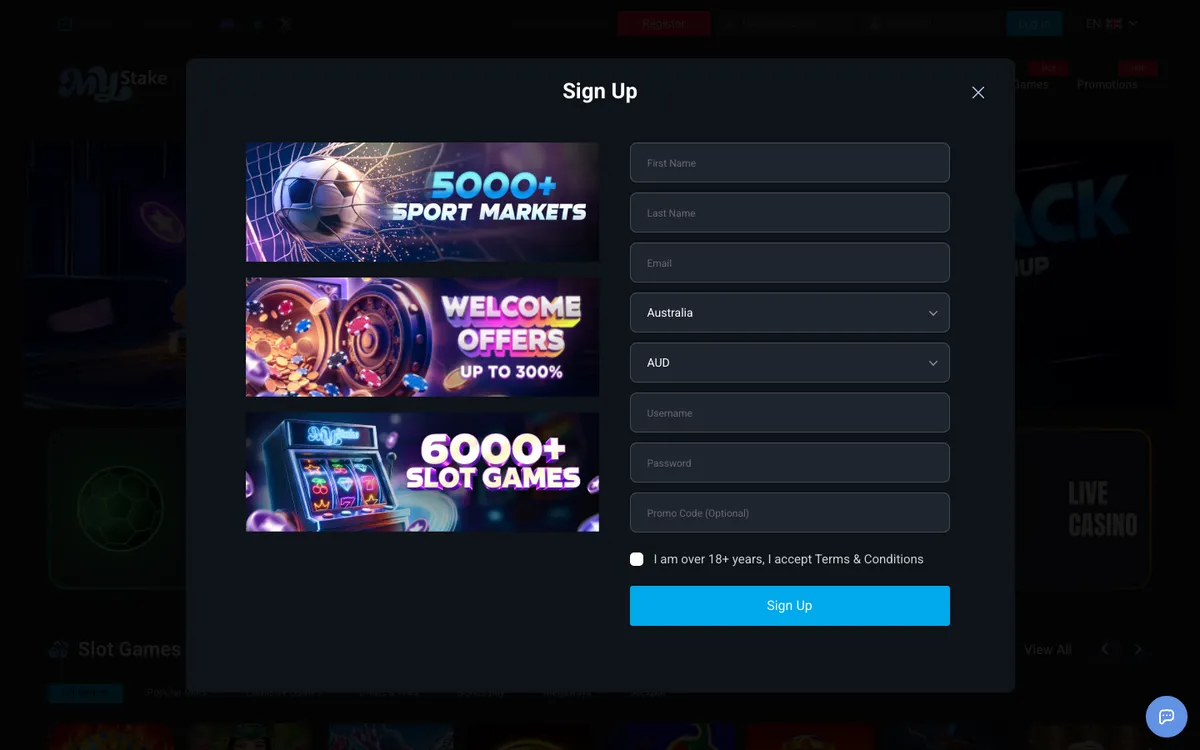 Mystake Casino — Sign-up, captured from Australia