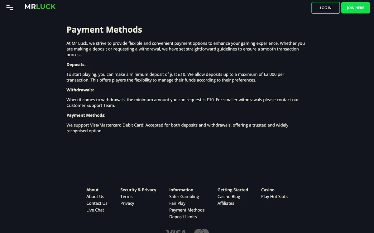MrLuck Casino — Payments, captured from Argentina