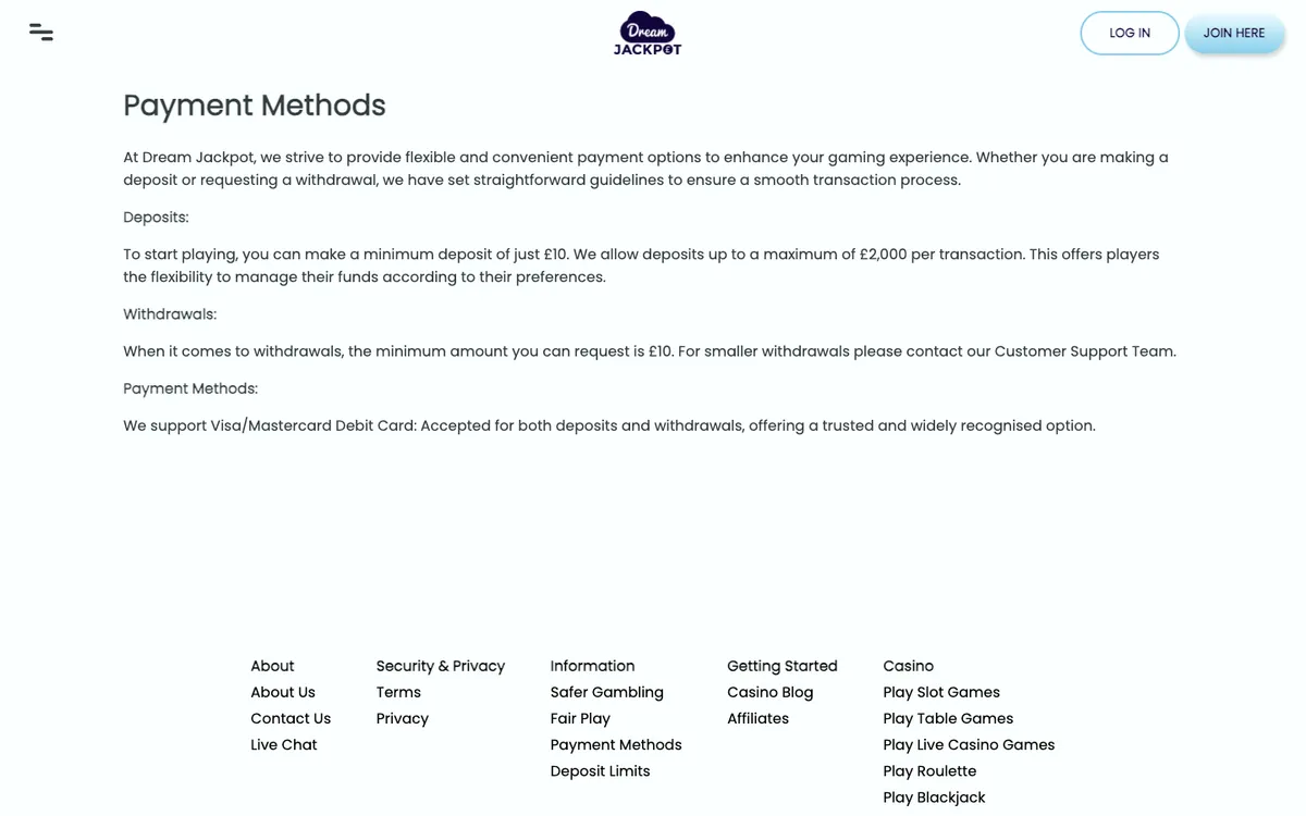 Dream Jackpot Casino — Payments, captured from United Kingdom