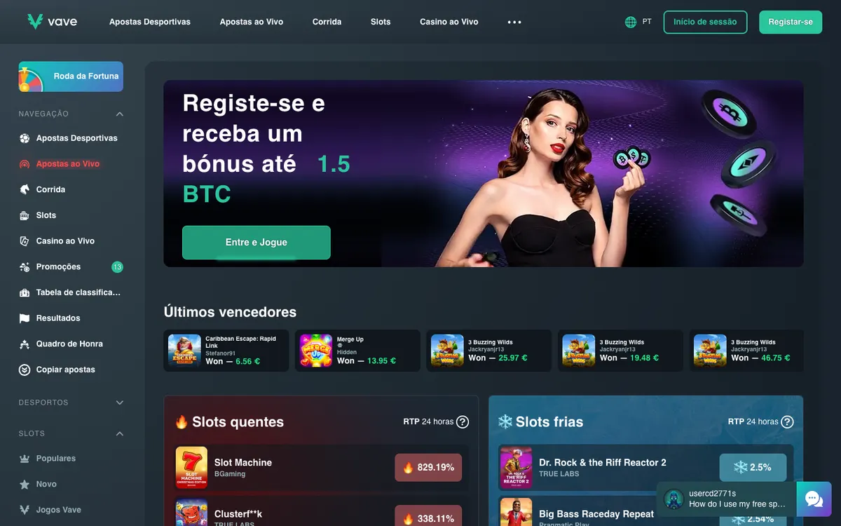 Vave Casino — Home page, captured from Portugal