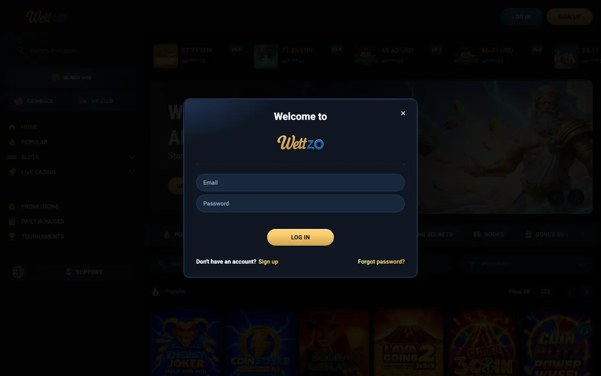 Wettzo Casino — Sign-up, captured from Austria