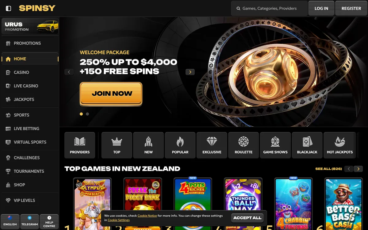 Spinsy Casino — Home page, captured from New Zealand
