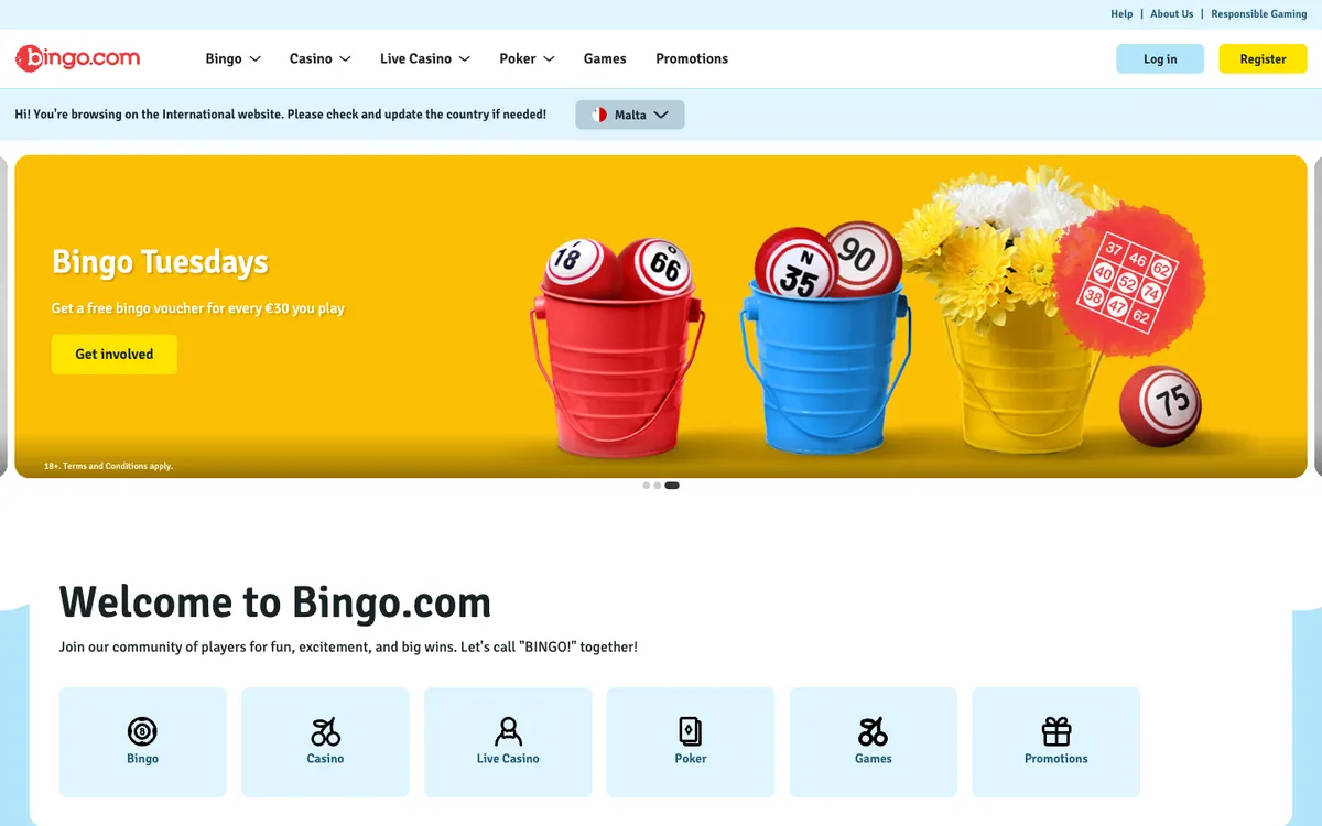 Bingo.com Casino — Home page, captured from Norway