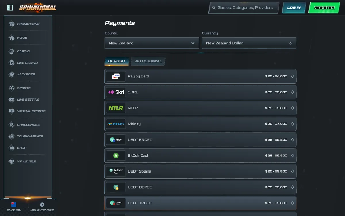 Spinational Casino — Payments, captured from New Zealand