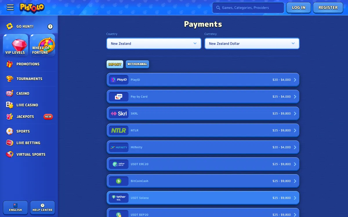 Pistolo Casino — Payments, captured from New Zealand