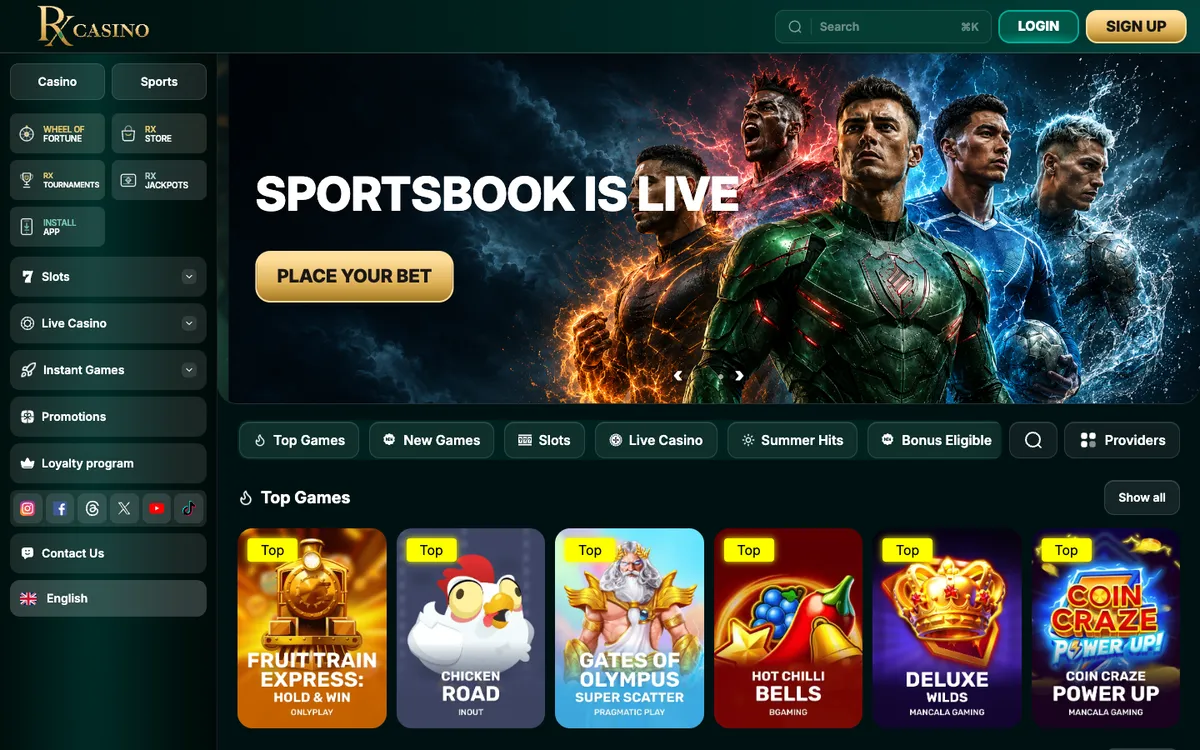 RX Casino — Home page, captured from Malaysia