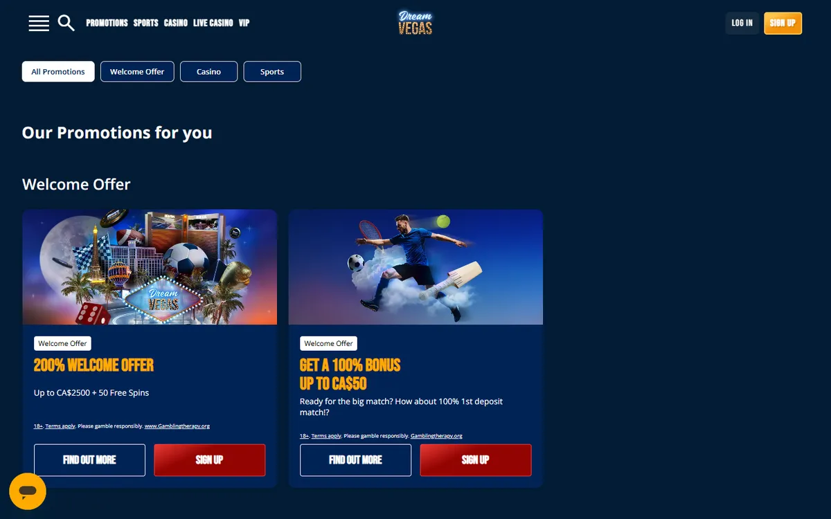 Dream Vegas Casino — Promotions, captured from Canada