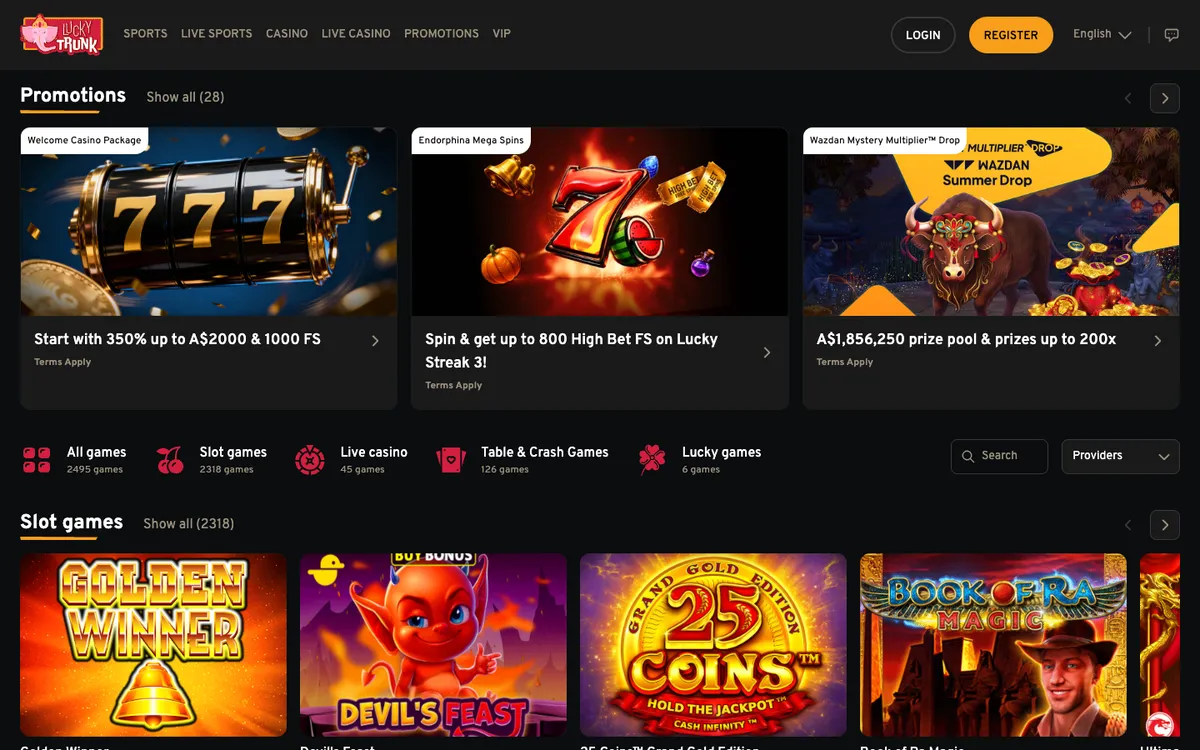 Lucky Trunk Casino — Home page, captured from Australia