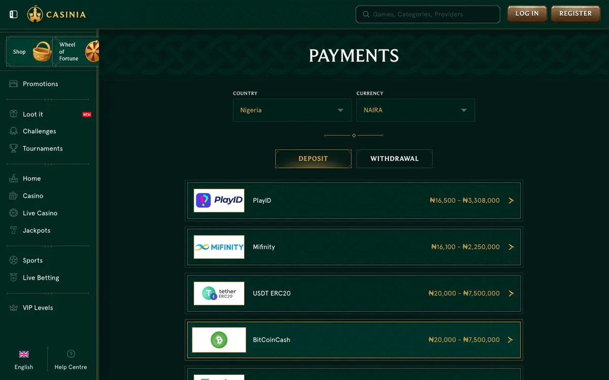 Casinia Casino — «Платежи», снято из страны Нигерия