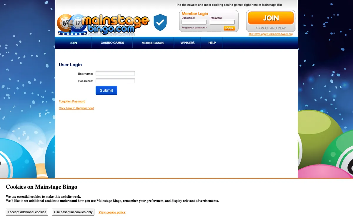 Mainstage Bingo Casino — Sign-up, captured from United Kingdom