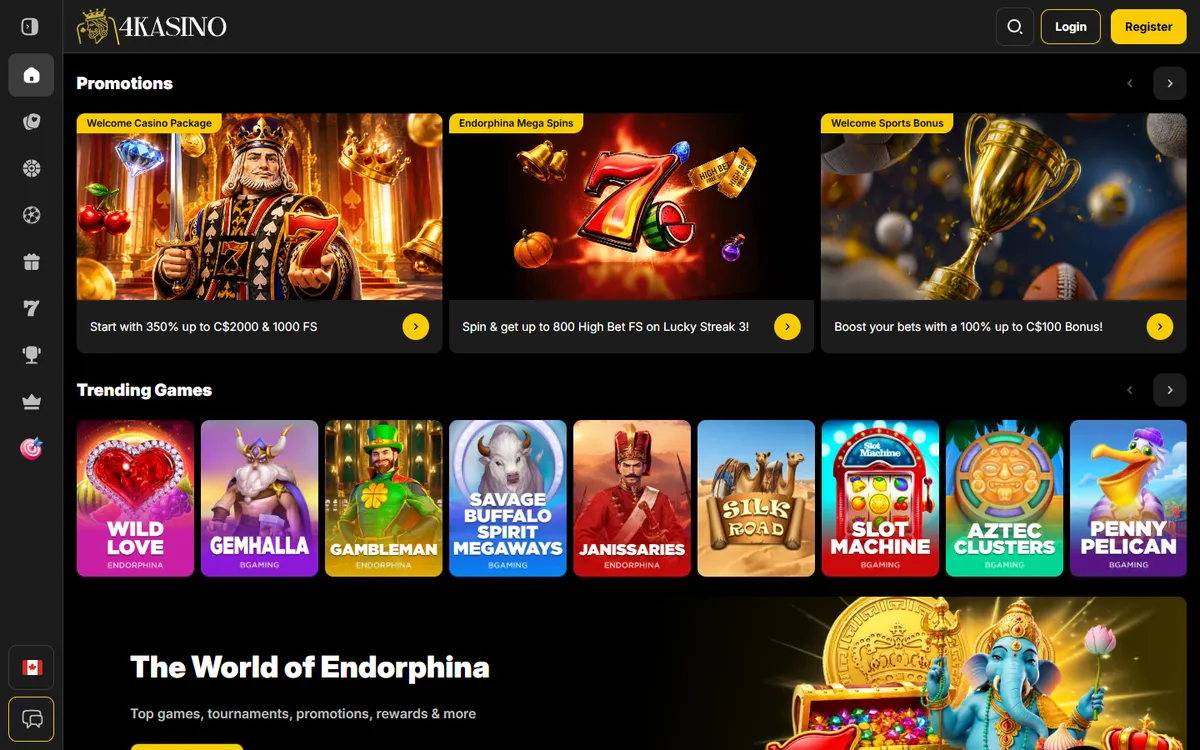 4Kasino Casino — Home page, captured from Canada