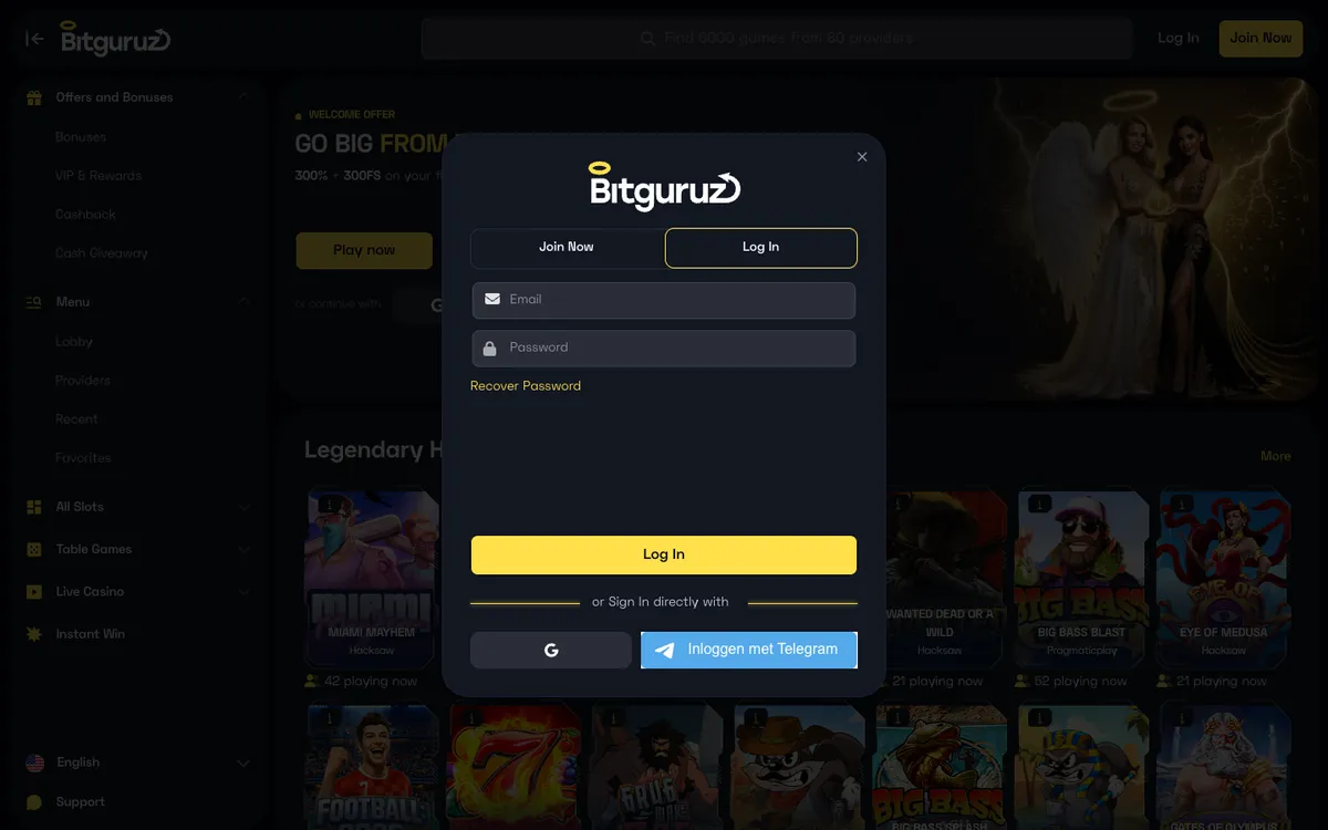 Bitguruz Casino — Sign-up, captured from Belgium
