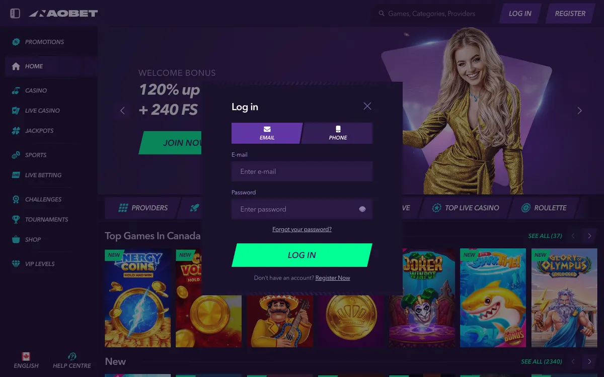 NaoBet Casino — «Регистрация», снято из страны Канада