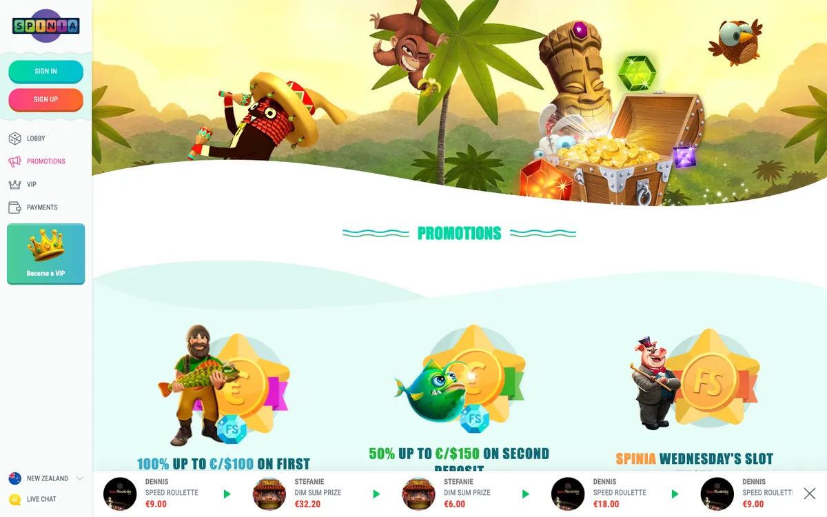 Spinia Casino — Promotions, captured from New Zealand