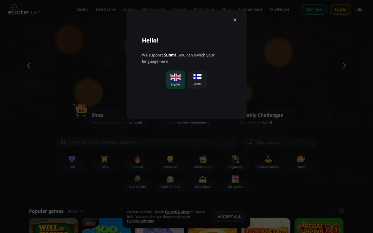 Excitewin Casino — Home page, captured from Finland