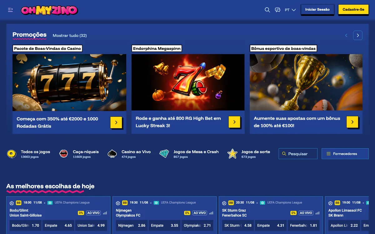 OhMyZino Casino — Home page, captured from Portugal