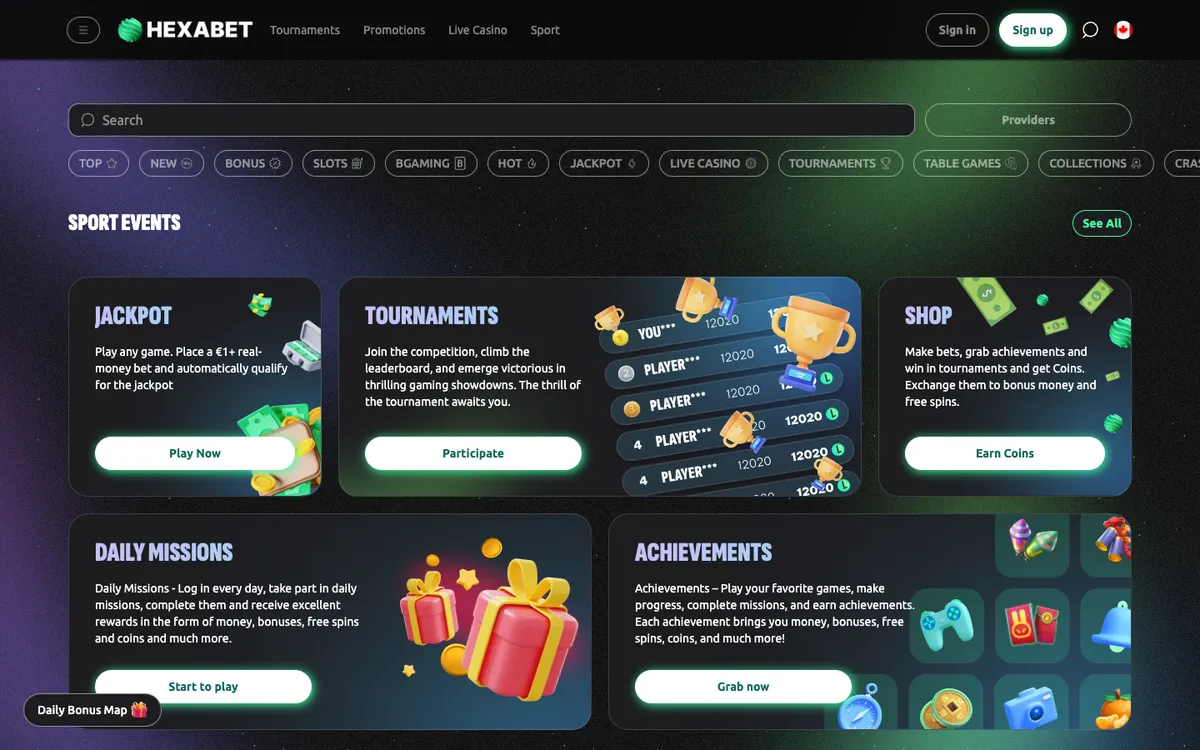 Hexabet Casino — Home page, captured from Canada