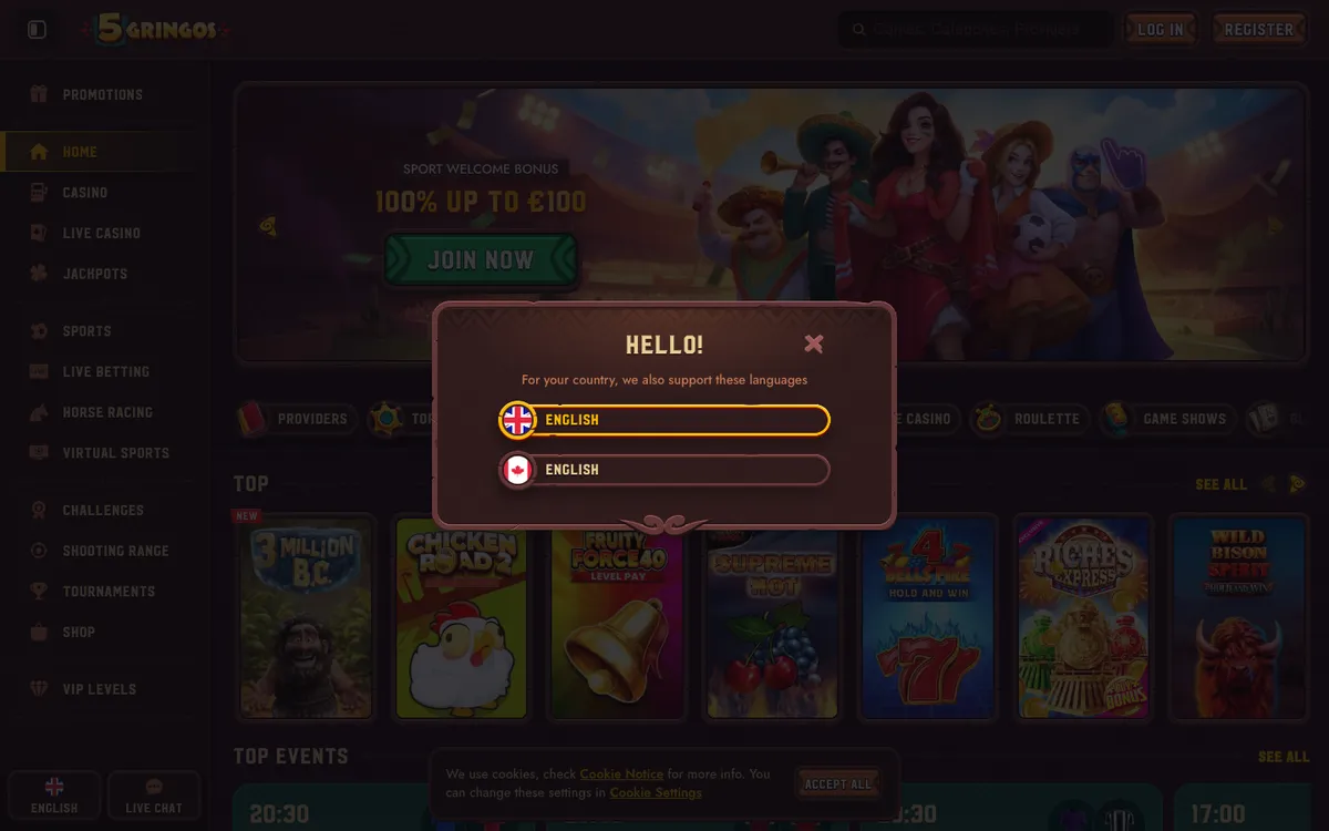 5Gringos Casino — Home page, captured from Canada