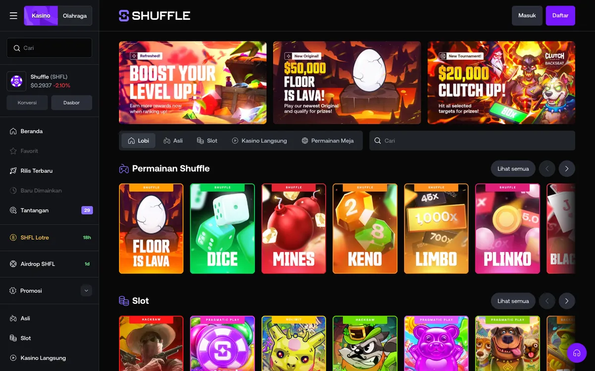 Shuffle Casino — Home page, captured from Indonesia