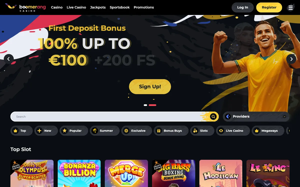 Boomerang Casino — «Главная», снято из страны Южно-Африканская Республика