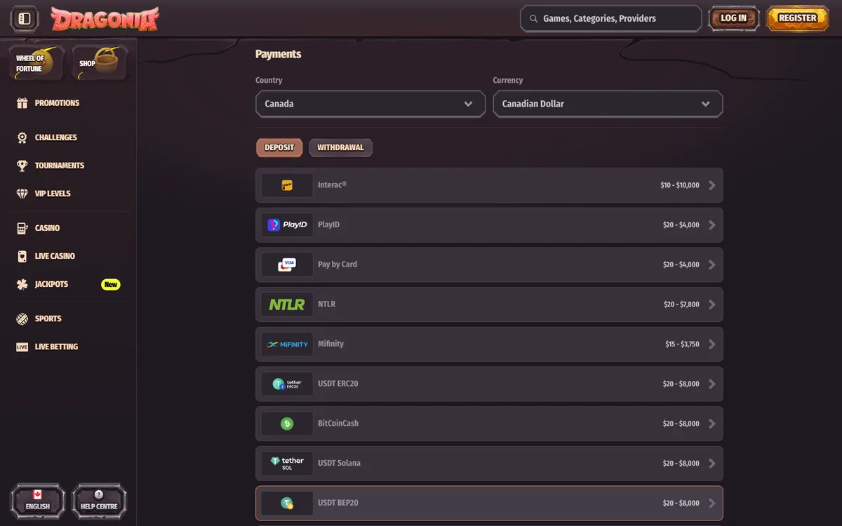 Dragonia Casino — Payments, captured from Canada