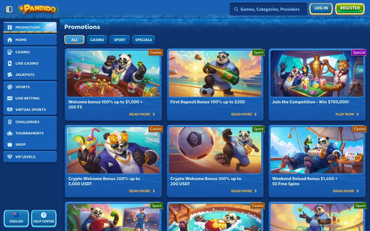 Pandido Casino — Promotions, captured from New Zealand