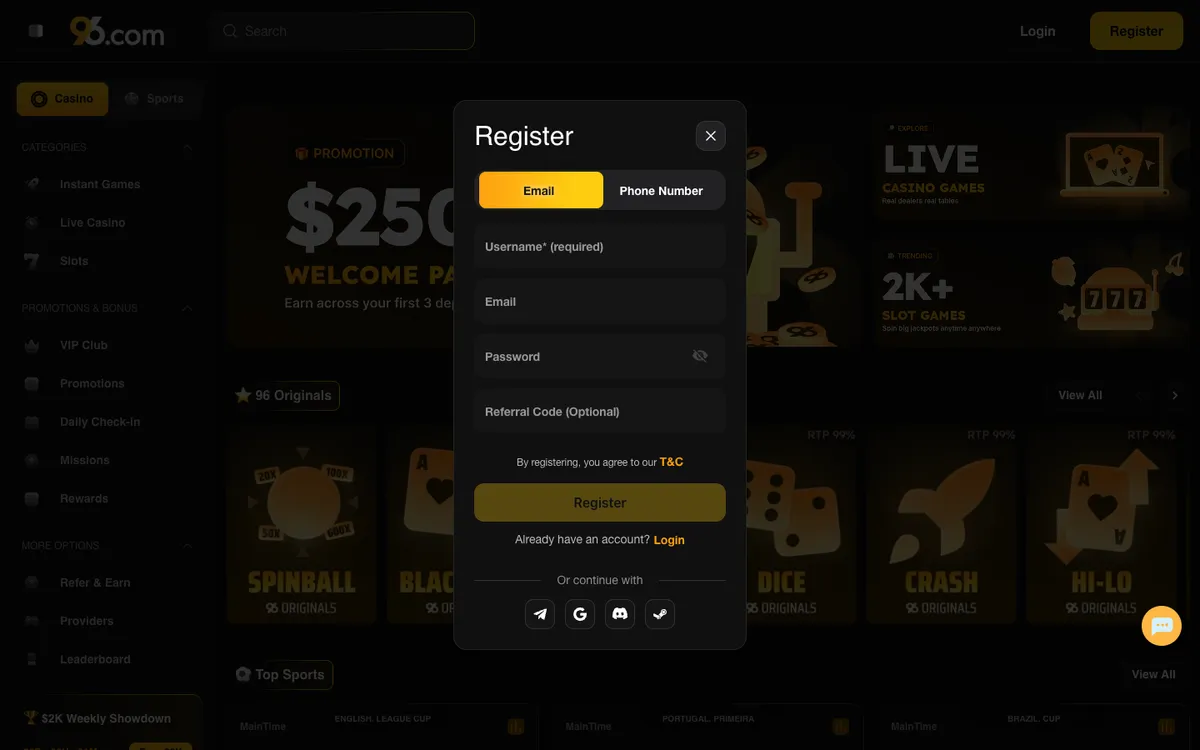 96 Casino — «Регистрация», снято из страны Бельгия