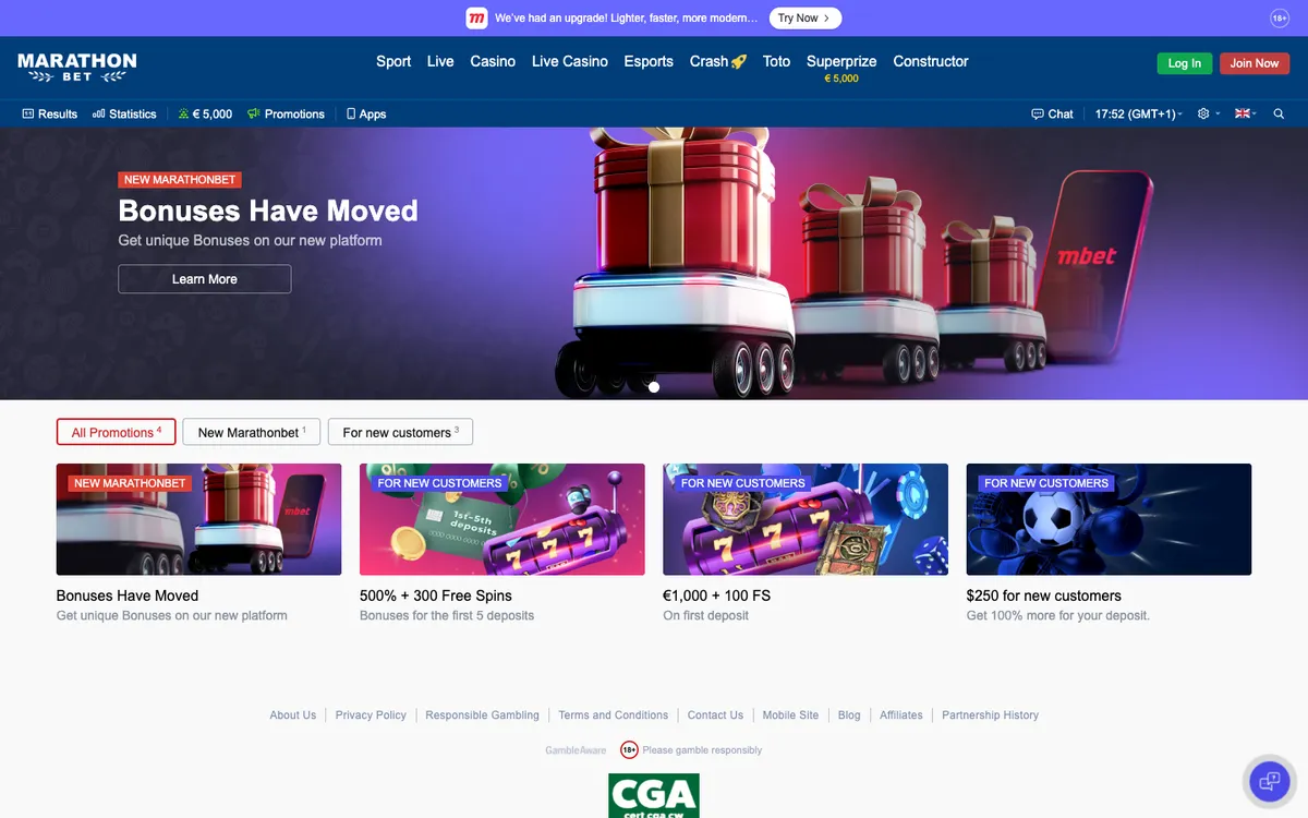 Marathonbet Casino — Promotions, captured from Singapore