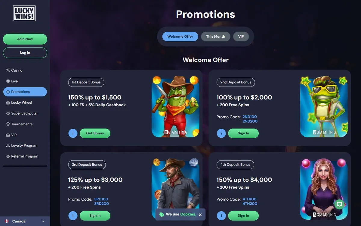 LuckyWins Casino — Promotions, captured from Canada