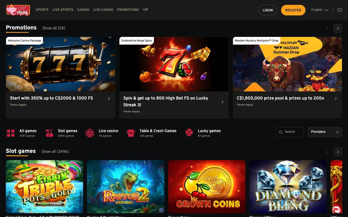 Lucky Trunk Casino — Home page, captured from Canada