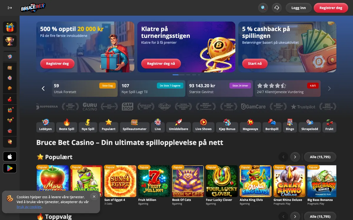 BruceBet Casino — Home page, captured from Norway