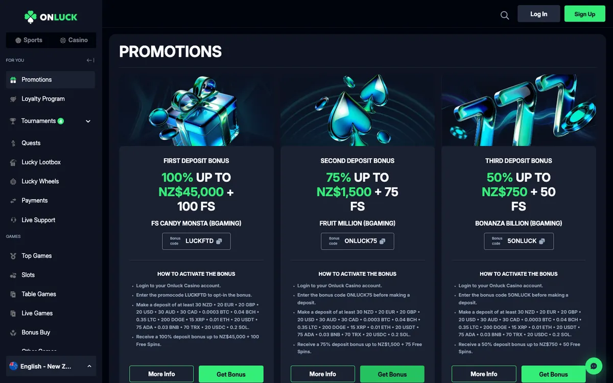 OnLuck Casino — Promotions, captured from New Zealand