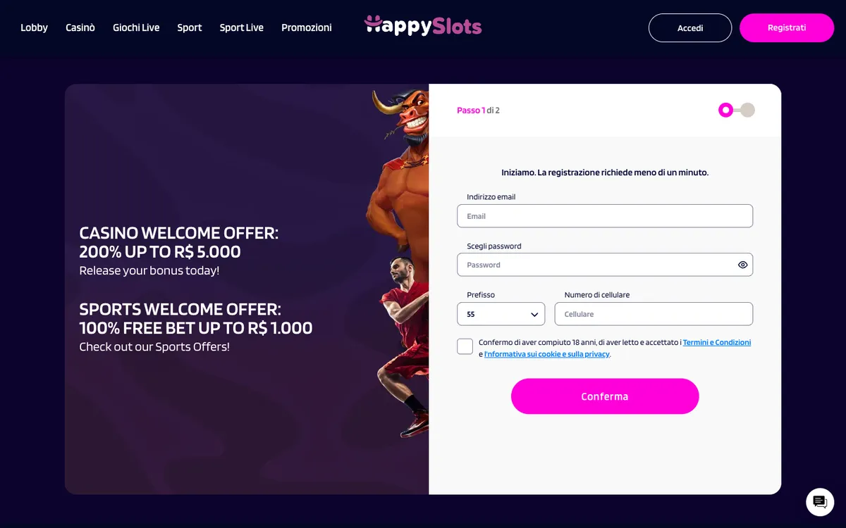 HappySlots Casino — «Регистрация», снято из страны Италия