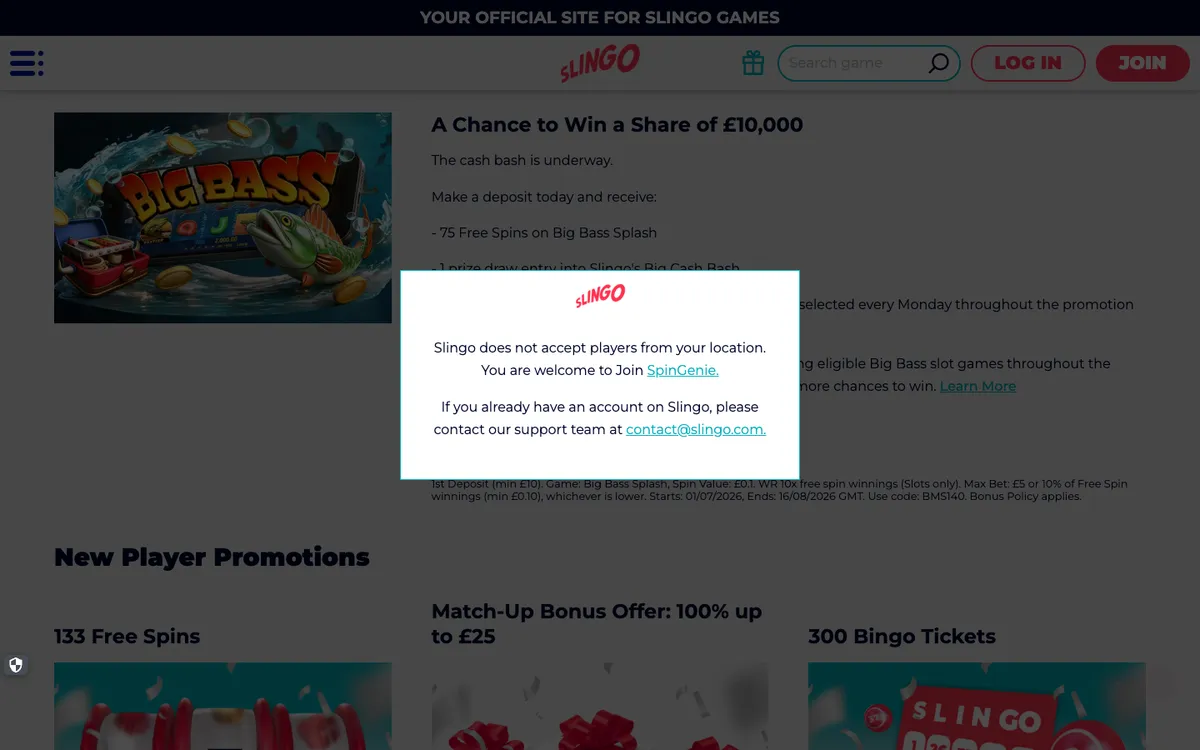 Slingo Casino — Promotions, captured from Canada